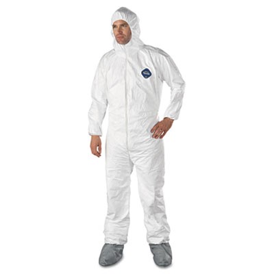 Tyvek Elastic-Cuff Hooded Coveralls With Attached Boots, White, Size Large