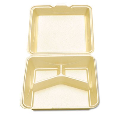 Enviroware Hinged Foam Containers, 3-Comp, 9w x 9d x 3h, Wheat