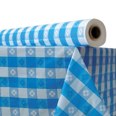 Plastic Table Cover, 40" x 300 ft Roll, Blue Gingham