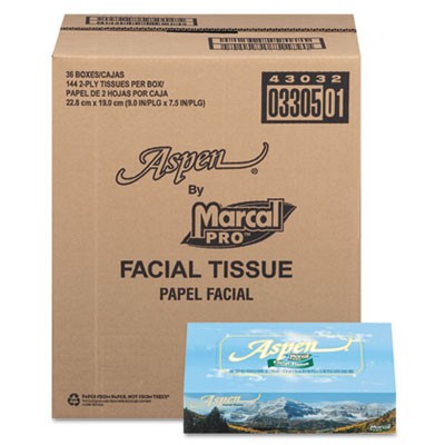 Aspen 100% Recycled Facial Tissue, 2-Ply, White, 144 Sheet/Box