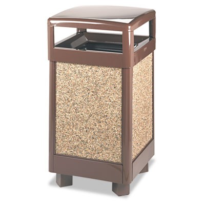 Aspen Series Hinge Top Receptacle w/Weather Urn, Square, Steel, 29 gal, Brown