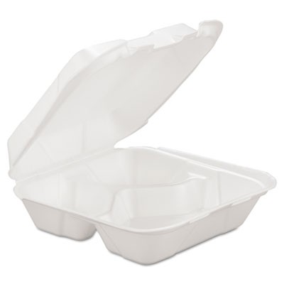 Foam Hinged Carryout Container, 3-Compartment, White, 8-1/4x8x3