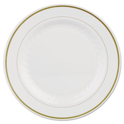 Masterpiece Plastic Plates, 10 1/4in, Ivory w/Gold Accents, Round, 10/Pack