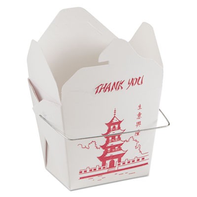 Microwavable Food Box, Paperboard, Red/White, 16 oz, Pagoda Print w/Handle