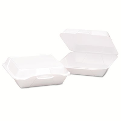 Hinged-Lid Foam Carryout Containers, 9.19x6 1/2x3, White, Vented