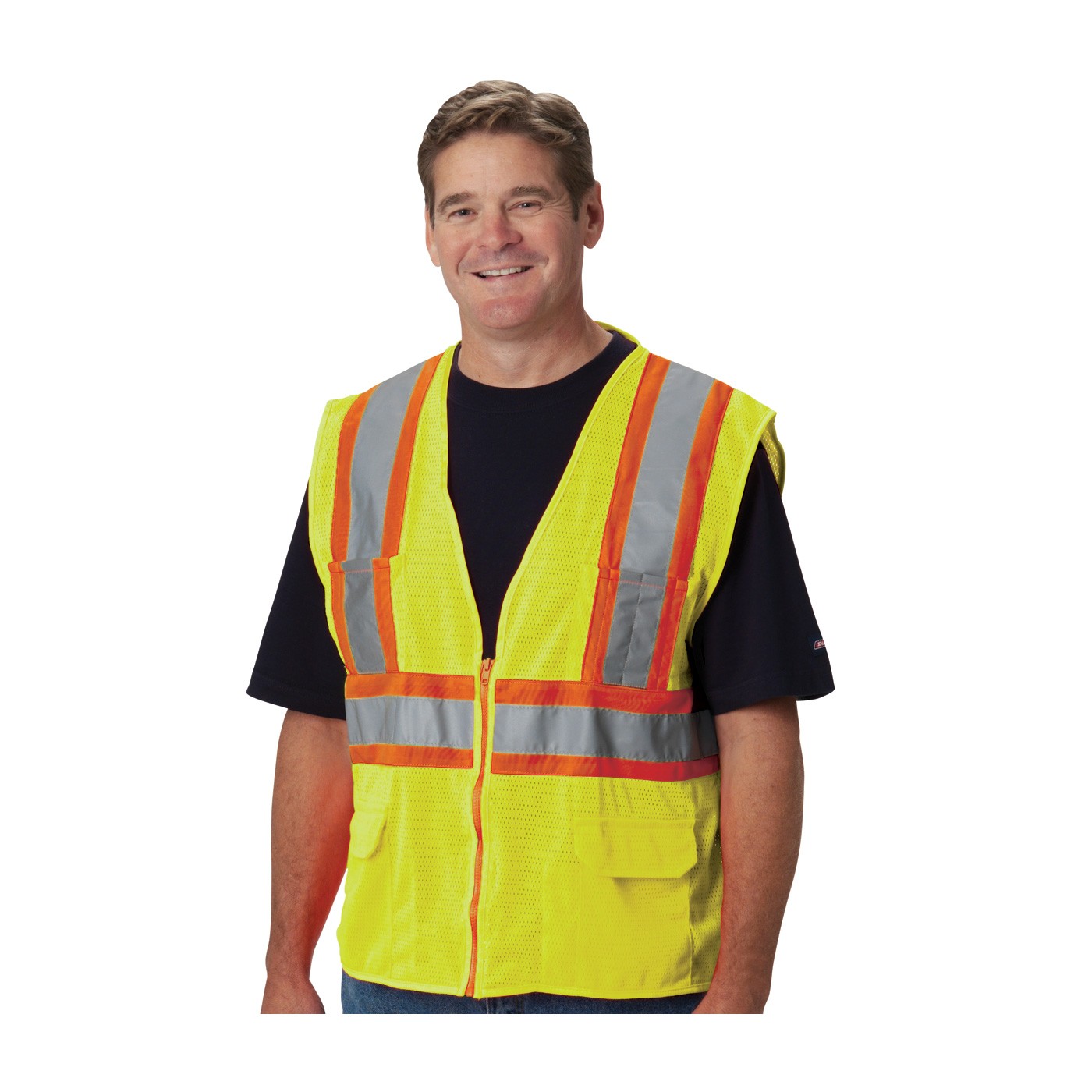 Class 2 Mesh Vest, 12 Pockets, Zipper Closure, Two Tone Tape, LY