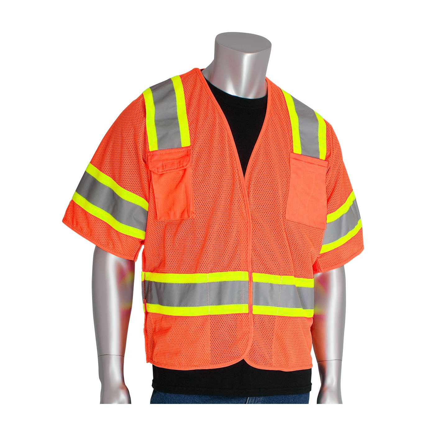 Class 3 Mesh Brkwy Vest, 4 pockets, H&L Closure, Two Tone Tape, OR Size 4X-Large