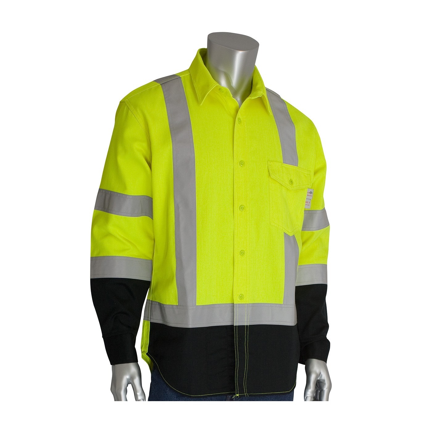 9 Cal ANSI 107 Dual Cert. Hi Vis Button Down, Two Tone Shirt, Navy Size Medium