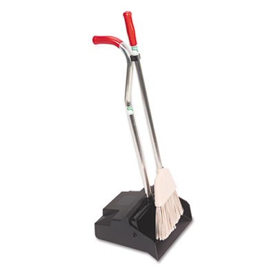 Ergo Dustpan & Broom, 12" Wide, Metal/Vinyl-Coated Handle, Black/Silver