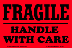 Label 3x4 "Fragile Handle W/Care" Flourescent RED500/RL