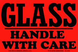 Label 3x4 "Glass Handle w/Care" Fluorescent ORNG 500/RL
