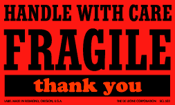 Label 3x5 "Handle w/Care Fragile" Red W/ Black Print 500/RL