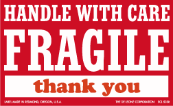 Label 3x5 "Handle w/Care Fragile" Red W/ White Print 500/RL