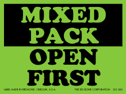 Label 3x4 "Mixed Pack Open First" Fluorescent GRN 500/RL