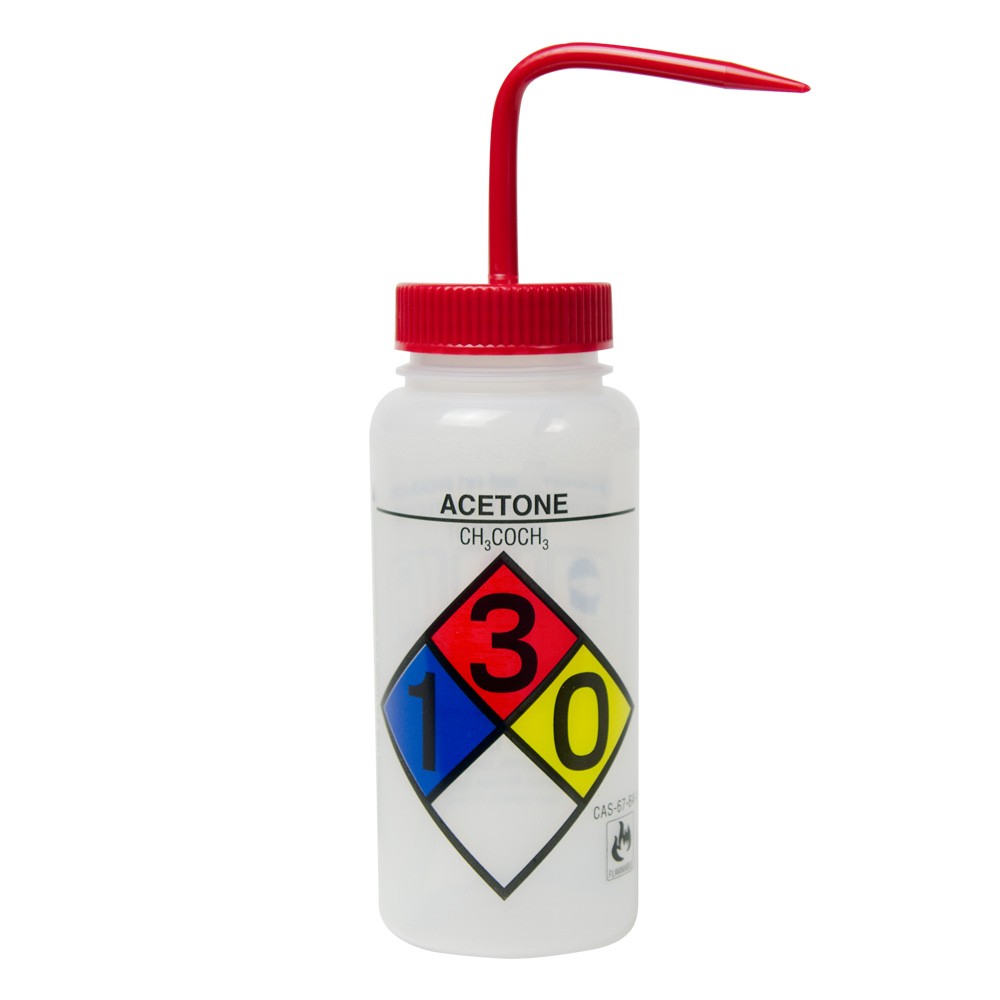 Wash Bottle 500ML Wide Mouth Red Safety Labeled 'Acetone' 4/CS