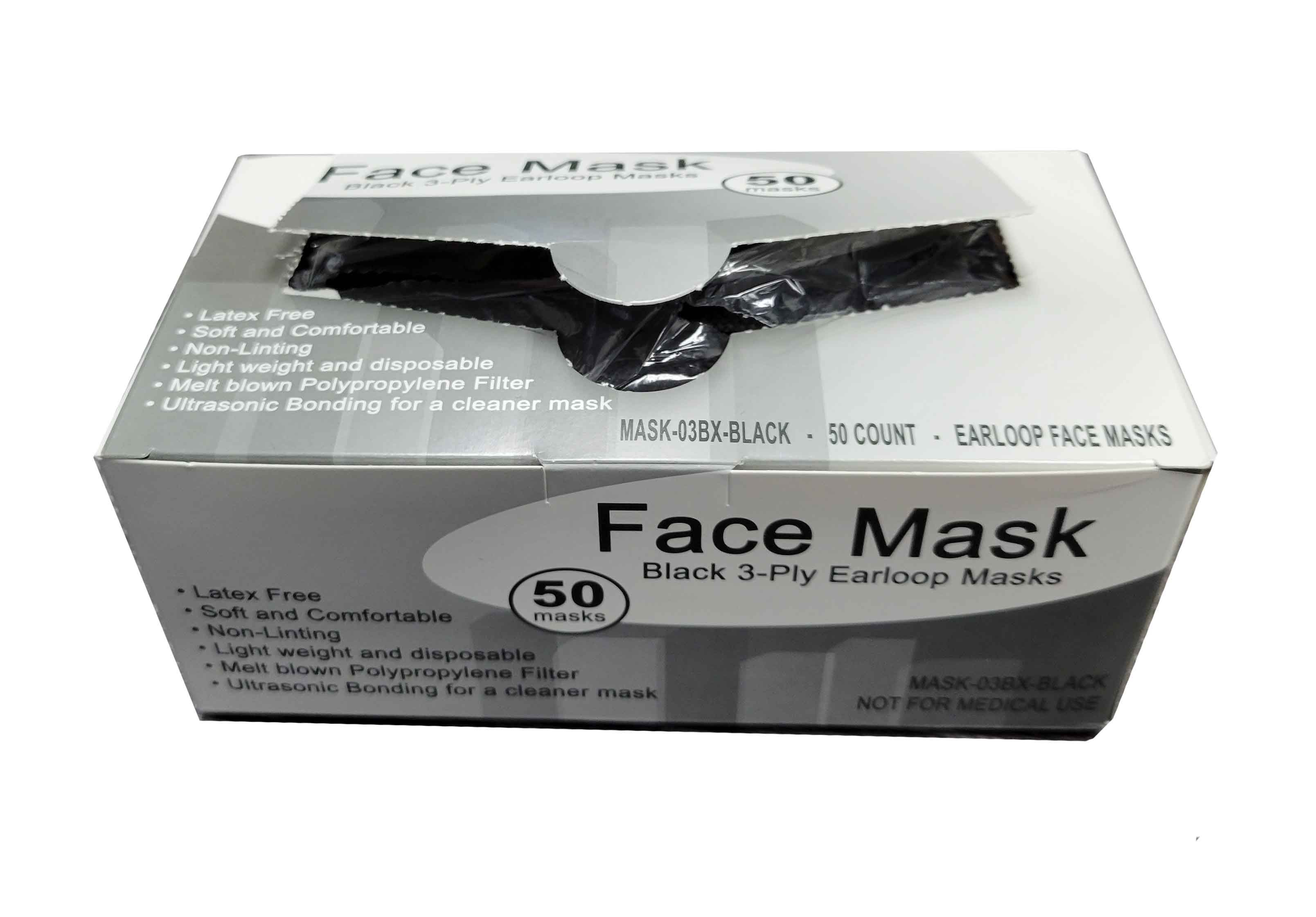 Face Mask 3Ply Cleanroom Opelon Earloop Black 50/BX 20/CS