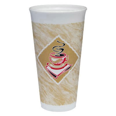 Foam Hot/Cold Cups, 20 oz., Café G Design, White/Brown with Red Accents
