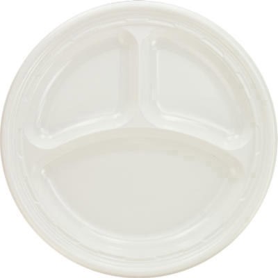 Plastic Plates, 9 Inches, White, 3 Compartments, Round, 125/Pack