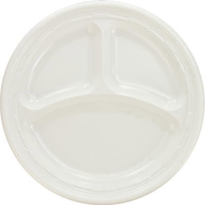 Plastic Plates, 9 Inches, White, 3 Compartments, Round, 125/Pack