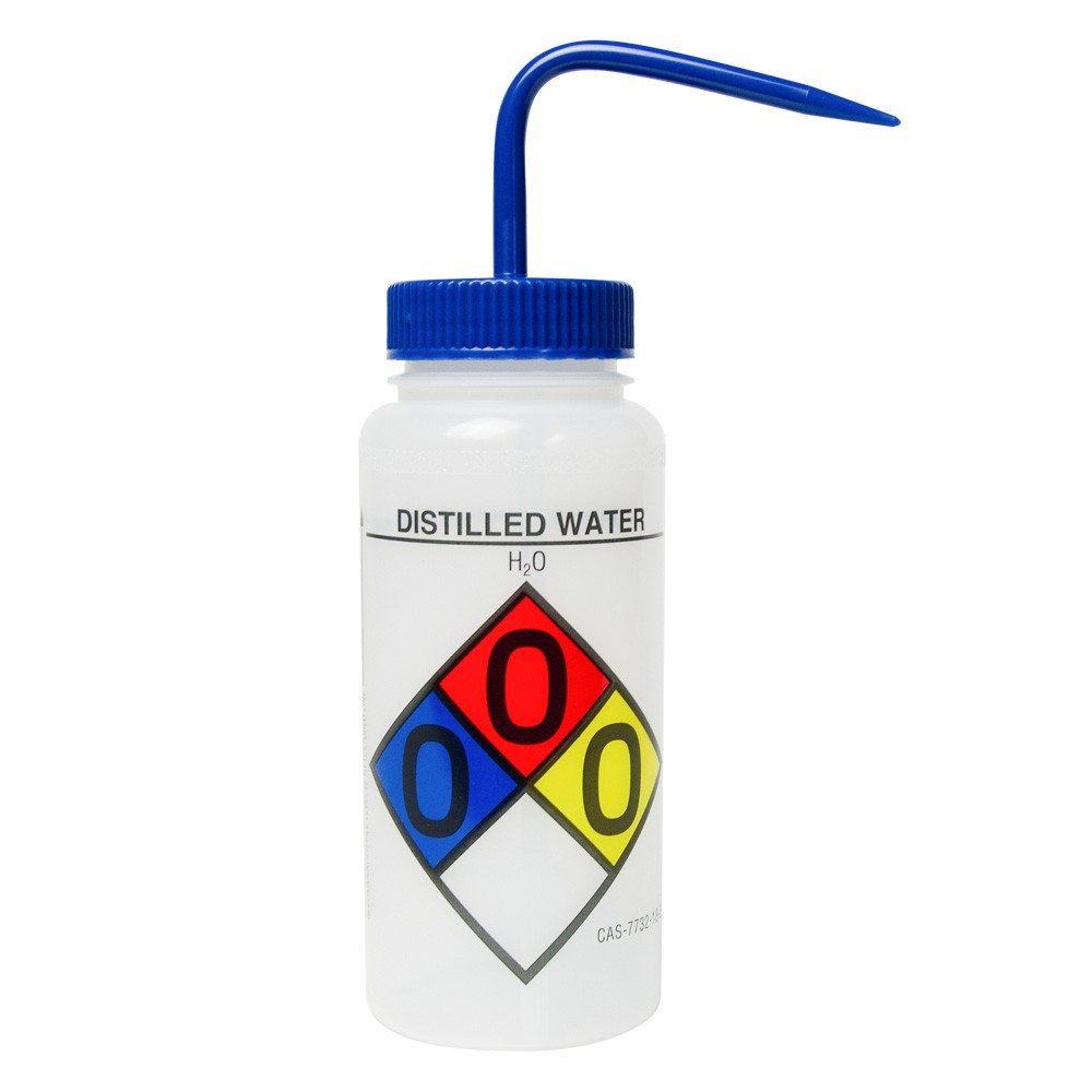 Wash Bottle 500ML Wide Mouth Blue Safety Labeled 'Deionized Water'