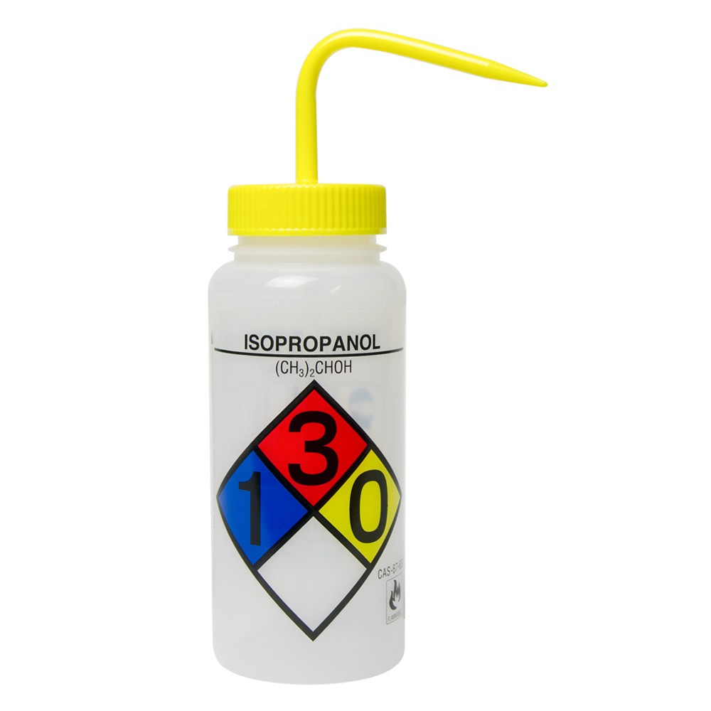 Wash Bottle 500ML Wide Mouth Yellow Safety Labeled 'Isopropanol' 4/PKG