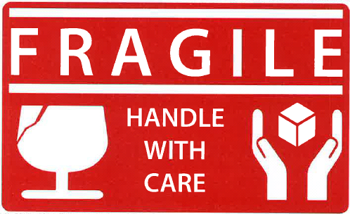 Label 2.5x1.5 3"Core Red/White "Fragile Handle With Care" AMAT 500/RL
