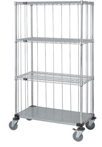 Quantum 3 sided stem caster wire shelf cart with rods & tabs 36" x 18" x 69"