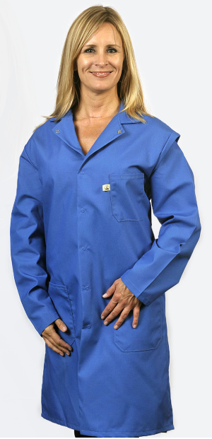 Lab Coat Cotton/Poly Mid Thigh Length Blue ESD Small w/Cuffs