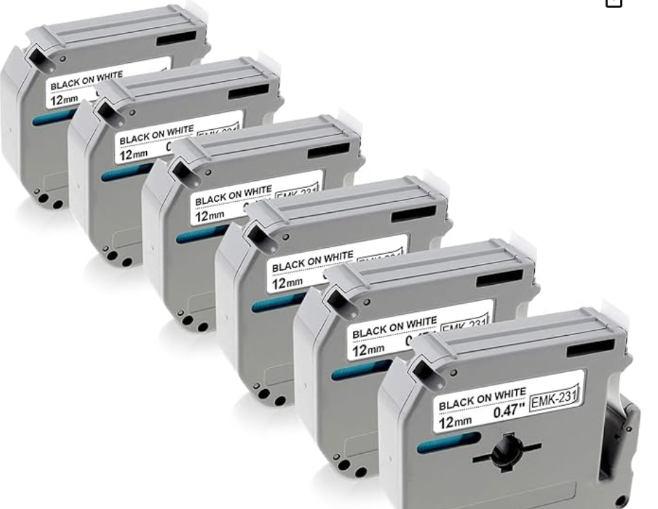 M Series Tape Cartridge P-Touch Compatible .5" Black on White 6/PKG