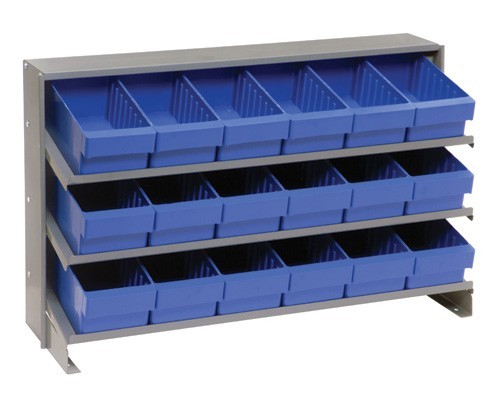 Sloped shelving systems with super tuff euro drawers 12" x 36" x 21" Blue