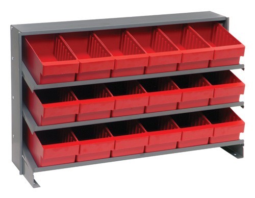 Sloped shelving systems with super tuff euro drawers 12" x 36" x 21" Red