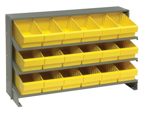 Sloped shelving systems with super tuff euro drawers 12" x 36" x 21" Yellow