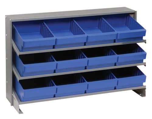 Sloped shelving systems with super tuff euro drawers 12" x 36" x 21" Blue