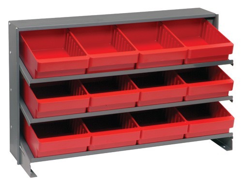 Sloped shelving systems with super tuff euro drawers 12" x 36" x 21" Red