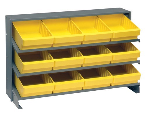 Sloped shelving systems with super tuff euro drawers 12" x 36" x 21" Yellow