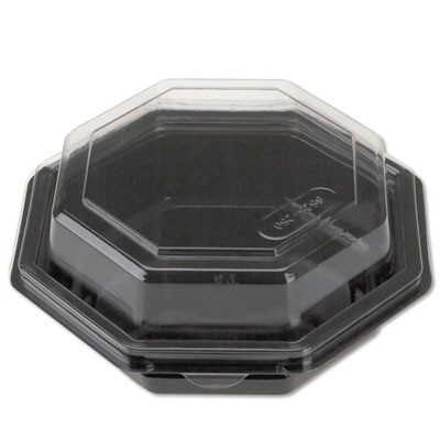Octagon Hinged Carryout Container, Plastic, Black Base, Clear, 16 oz
