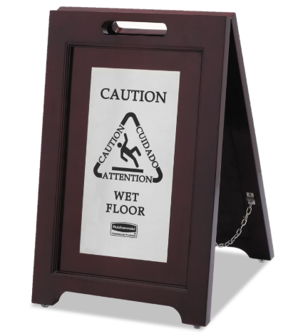 Executive 2-Sided Multi-Lingual Caution Sign, Brown/Stainless Steel,15Wx23.5H