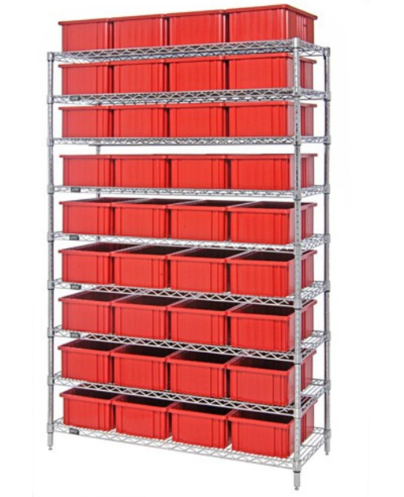 Wire Shelving System with Dividable Grid Containers 48" x 18" x 74" Red