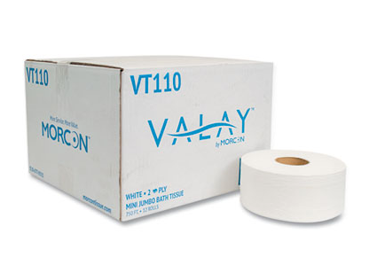 Valay Mini Jumbo Bath Tissue, Septic Safe, 2-Ply, 3.25" x 750 ft, White, 12 Rolls/Box
