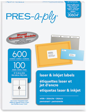 Labels, Laser Printers, Pres-a-ply, 3.33 x 4, White, 6 Label/Sheet, 100 Sheets, 600 Labels /Box