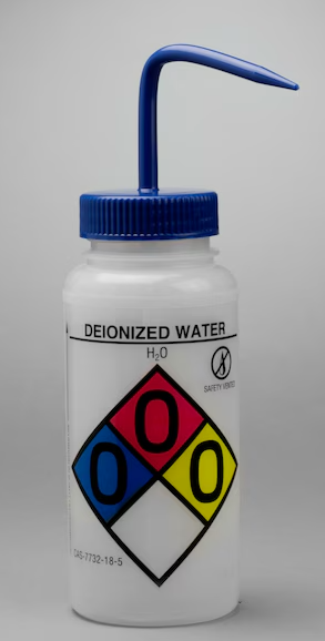 Wash Bottle 500ML Wide Mouth Blue Safety Labeled 'Deionized Water'