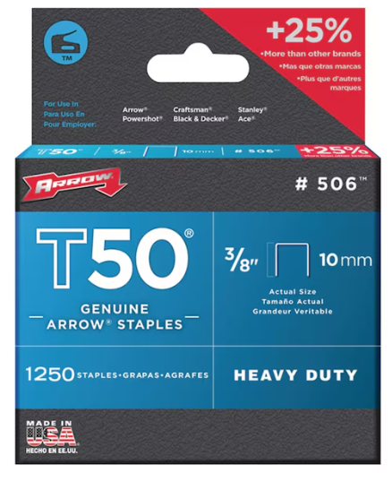 Heavy Duty Staples, T50, 18 ga, Flat Crown, 3/8 in Leg L, Steel, 1250 PK