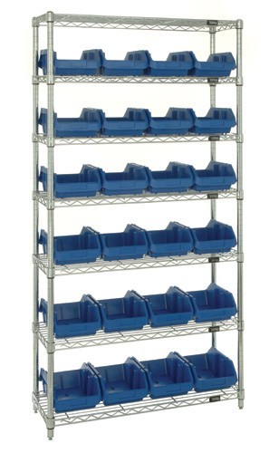 Heavy-duty wire shelving with QuickPick bins - complete package 36" x 18" x 74" Blue