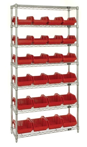 Heavy-duty wire shelving with QuickPick bins - complete package 36" x 18" x 74" Red