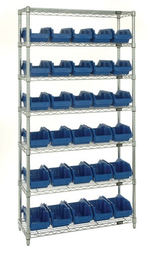 Heavy-duty wire shelving with QuickPick bins - complete package 36" x 18" x 74" Blue