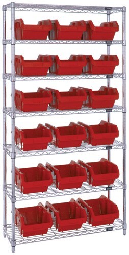 Heavy-duty wire shelving with QuickPick bins - complete package 36" x 18" x 74" Red