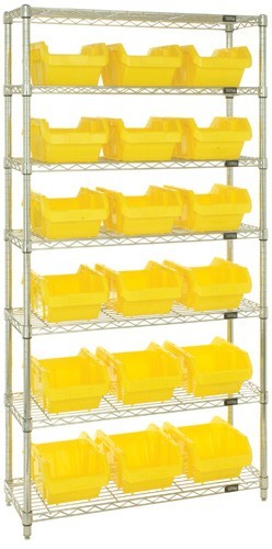 Heavy-duty wire shelving with QuickPick bins - complete package 36" x 18" x 74" Yellow