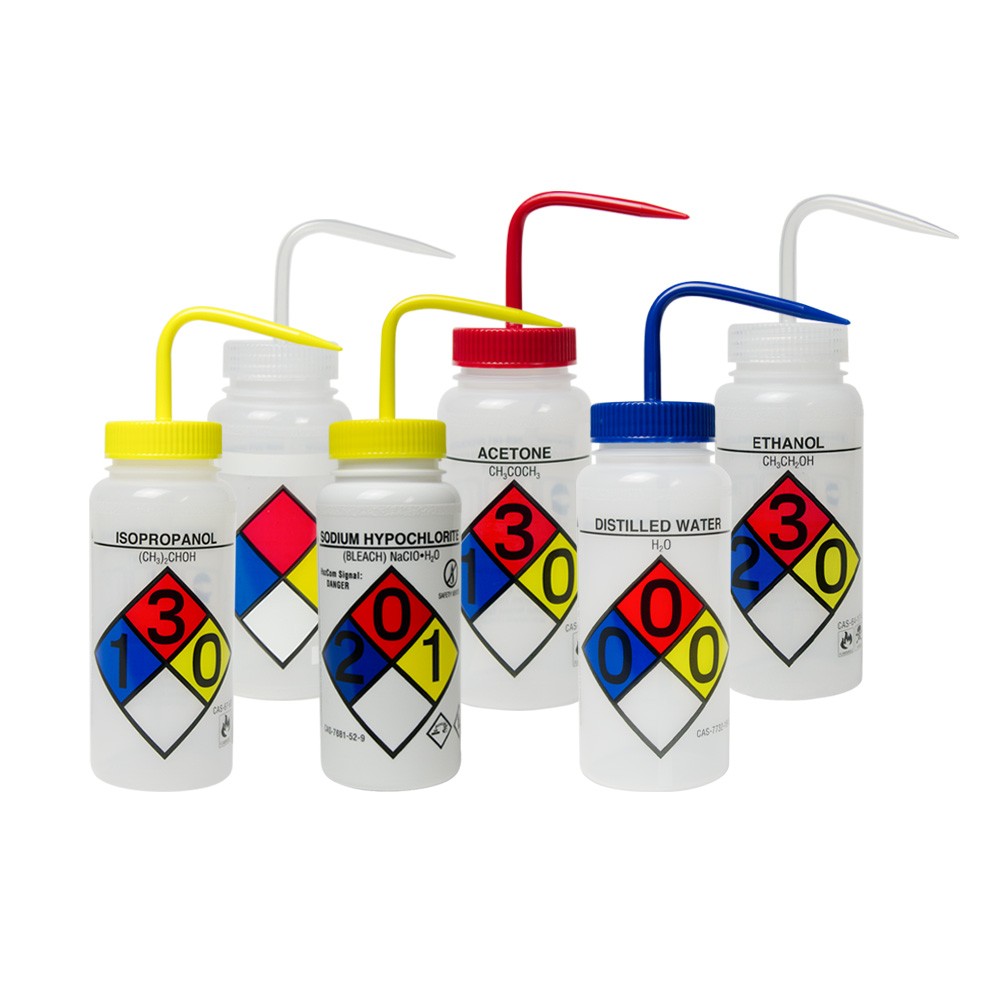 Safety Labeled Wash Bottles, Wide Mouth, 17oz (500ml)