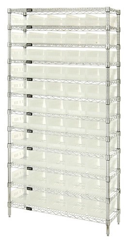 Clear-view quantum wire shelving units complete with shelf bins 12" x 36" x 74"