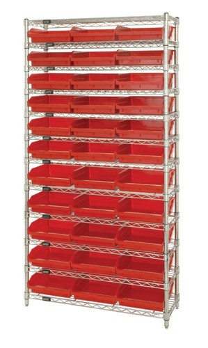 Shelf Bin Wire Shelving System 12" x 36" x 74" Red